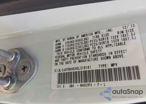 2014 Acura Rdx from USA, damaged, VIN 5J8TB4H54EL019141
